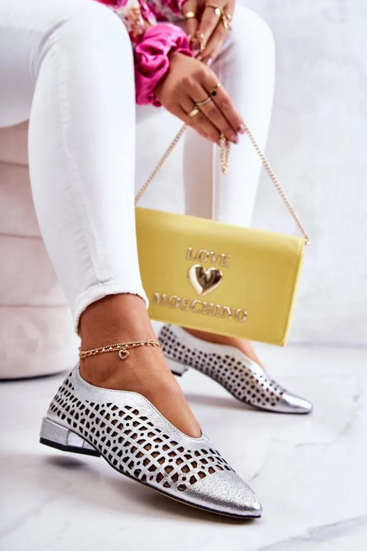 Best Boto Eleganckie Skórzane Półbuty Ażurowe Srebrne Ismena