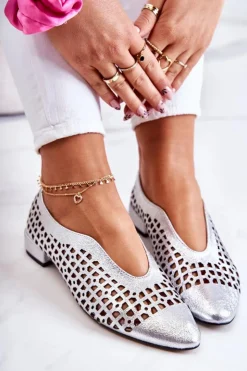 Best Boto Eleganckie Skórzane Półbuty Ażurowe Srebrne Ismena