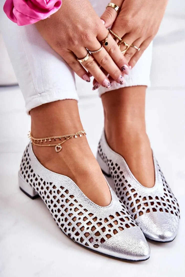 Best Boto Eleganckie Skórzane Półbuty Ażurowe Srebrne Ismena
