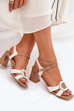 Damskie buty S.Barski Sandały Na Słupku|Sandały Na Obcasie*Eleganckie Skórzane Sandały Damskie Na Słupku D&A MR38-570 Beżowe