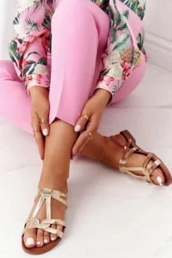 Damskie buty S.Barski Sandały Płaskie*Eleganckie Skórzane Sandały S.Barski 541-A1 Złote