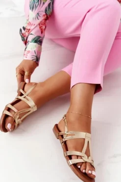 Damskie buty S.Barski Sandały Płaskie*Eleganckie Skórzane Sandały S.Barski 541-A1 Złote