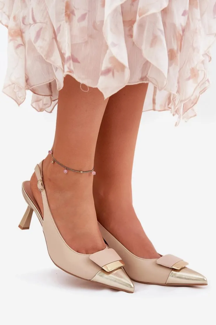 Boto Czółenka Klasyczne*Eleganckie Szpilki Z Ozdobą Eko Skórzane Beżowe Ottoles