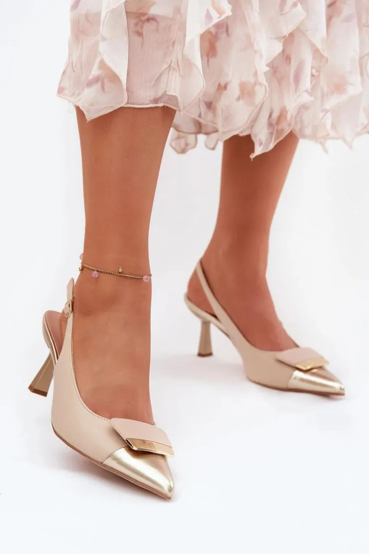 Boto Czółenka Klasyczne*Eleganckie Szpilki Z Ozdobą Eko Skórzane Beżowe Ottoles