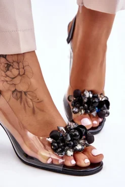 Online Damskie buty S.Barski Eleganckie Transparentne Sandały Z Ozdobą Czarne Lilah