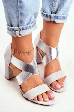 Evento Sandały Na Obcasie*Eleganckie Wsuwane Sandały Na Słupku Szaro-Srebrne Varina