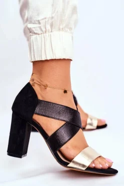 Sale Evento Eleganckie Wsuwane Sandały Na Słupku Czarno-Złote Varina