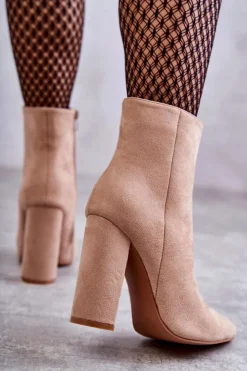 Damskie Boto Eleganckie Zamszowe Botki Na Słupku Ciemnobeżowe Ettany