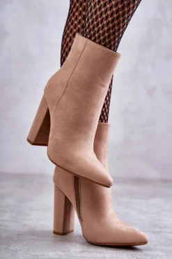 Damskie Boto Eleganckie Zamszowe Botki Na Słupku Ciemnobeżowe Ettany