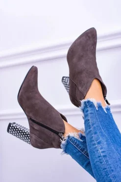 Damskie Laura Messi Eleganckie Zamszowe Botki na Słupku Khaki 1849