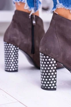 Damskie Laura Messi Eleganckie Zamszowe Botki na Słupku Khaki 1849