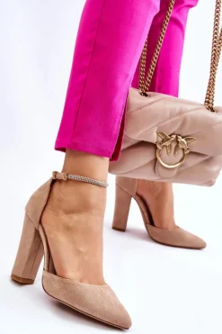 Boto Czółenka Zamszowe|Czółenka Na Słupku*Eleganckie Zamszowe Czółenka Na Słupku Beżowe Kaliya