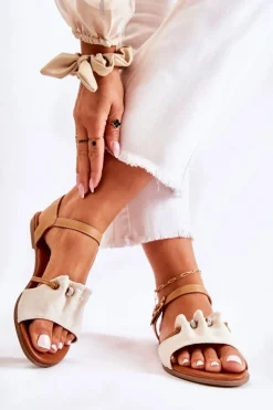 Damskie Evento Eleganckie Zamszowe Sandały Z Cekinami Beżowe Vitoria