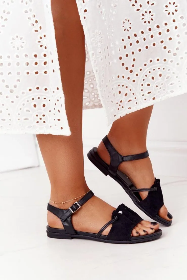 Outlet Evento Eleganckie Zamszowe Sandały Z Cekinami Czarne Vitoria