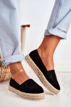 Outlet Boto Espadryle Damskie Gruba Podeszwa Lniane Czarne Febi