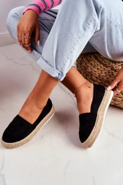 Outlet Boto Espadryle Damskie Gruba Podeszwa Lniane Czarne Febi