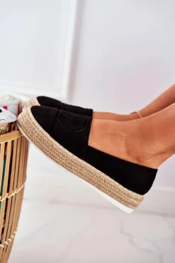 Outlet Boto Espadryle Damskie Gruba Podeszwa Lniane Czarne Febi