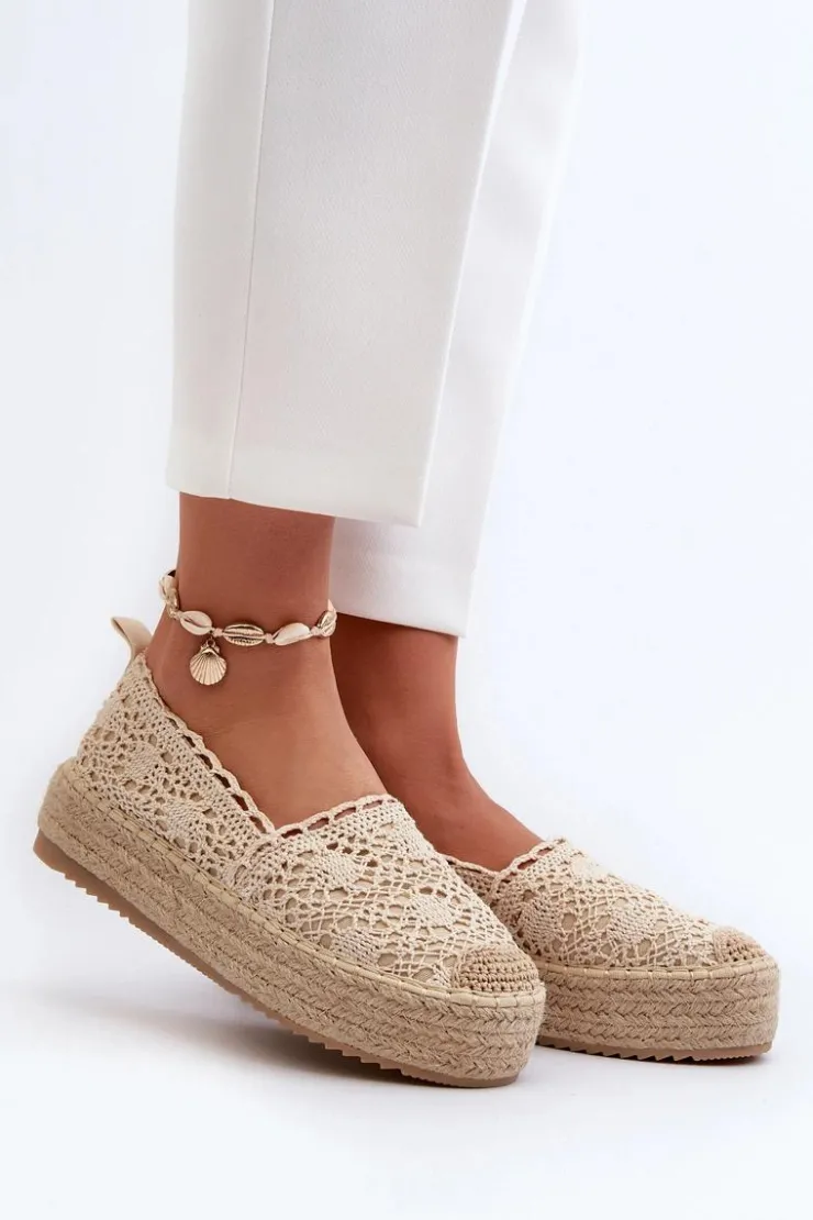 Damskie Boto Espadryle Damskie Koronkowe Na Platformie Beżowe Elarose