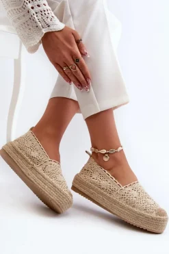 Damskie Boto Espadryle Damskie Koronkowe Na Platformie Beżowe Elarose