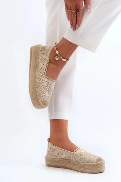 Damskie Boto Espadryle Damskie Koronkowe Na Platformie Beżowe Elarose