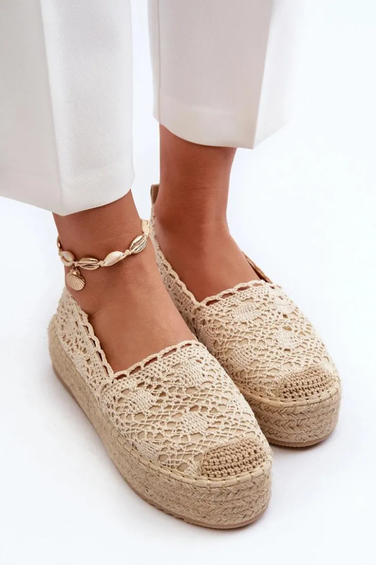 Damskie Boto Espadryle Damskie Koronkowe Na Platformie Beżowe Elarose