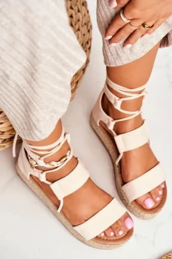 Damskie Boto Espadryle Damskie Na Platformie Wiązane Beżowe Fuerta