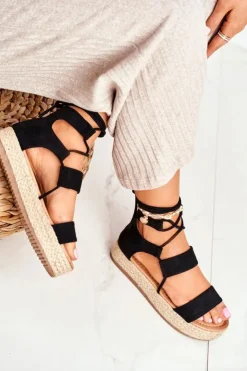 Outlet Boto Espadryle Damskie Na Platformie Wiązane Czarne Fuerta