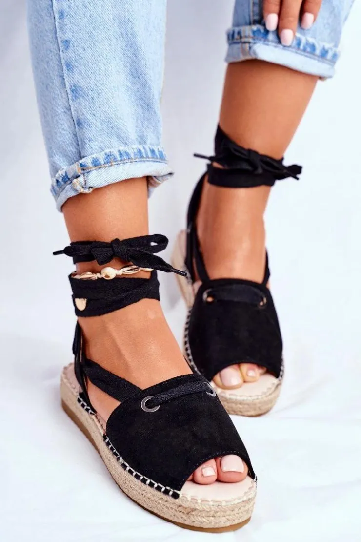 Damskie Boto Espadryle Damskie Na Platformie Lniane Czarne Monacoz