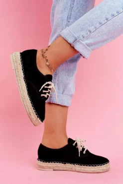 Damskie Boto Espadryle Damskie Na Platformie Lniane Czarne Sonya