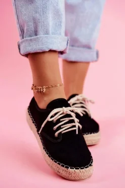 Damskie Boto Espadryle Damskie Na Platformie Lniane Czarne Sonya