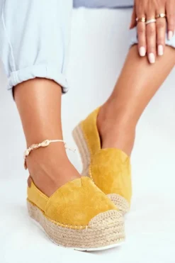 Clearance Boto Espadryle Damskie Na Platformie Lniane Żółte La Playa
