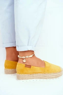 Clearance Boto Espadryle Damskie Na Platformie Lniane Żółte La Playa