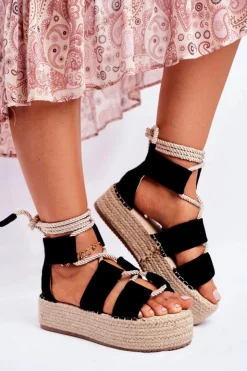Damskie Boto Espadryle Damskie Na Platformie Lniane Czarne India