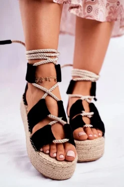 Damskie Boto Espadryle Damskie Na Platformie Lniane Czarne India