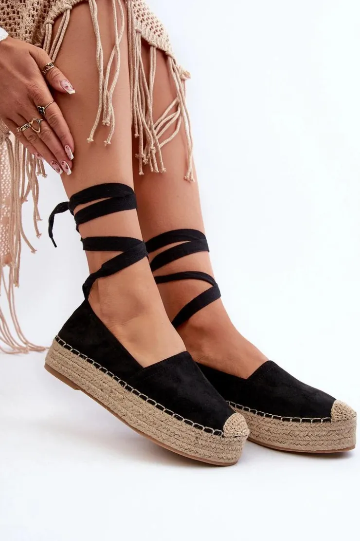 Boto Espadryle Na Platformie*Espadryle Damskie Wiązane Na Platformie Z Plecionką Czarne Tailesse
