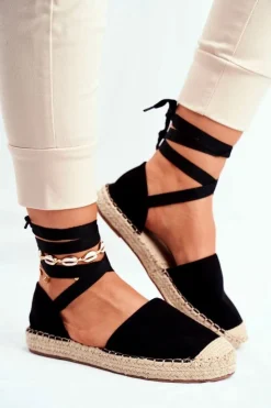 Best Boto Espadryle Damskie Wiązane Lniane Czarne Bonjour
