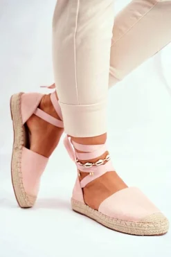 Damskie Boto Espadryle Damskie Wiązane Lniane Różowe Bonjour