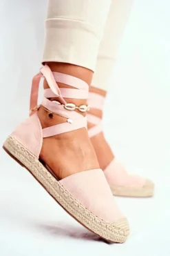 Damskie Boto Espadryle Damskie Wiązane Lniane Różowe Bonjour