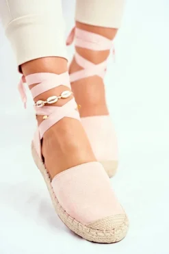 Damskie Boto Espadryle Damskie Wiązane Lniane Różowe Bonjour