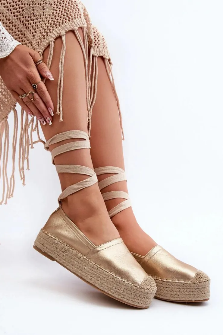 Damskie Boto Espadryle Damskie Wiązane Na Platformie Z Plecionką Złote Tailesse