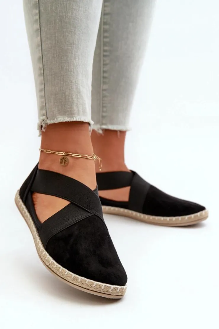 Evento Czarne Espadryle*Espadryle Damskie Z Elastycznymi Paskami Eko Zamszowe Czarne Phaedrana
