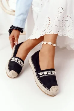 Damskie Boto Espadryle Na Platformie Z Muszelkami Czarne Seashell