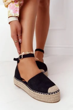 Hot Boto Espadryle Na Słomkowej Platformie Czarne Bali