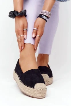 Boto Czarne Espadryle*Espadryle Na Słomkowej Platformie Czarne Highway