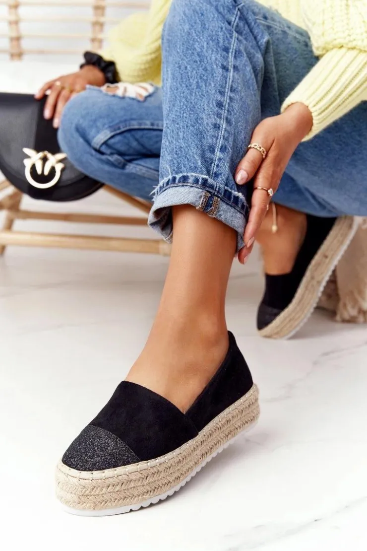 Damskie Damskie buty S.Barski Espadryle Na Słomkowej Platformie S.Barski Czarne