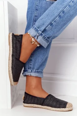 Boto Czarne Espadryle*Espadryle Na Słomkowej Podeszwie Lu Boo Czarne