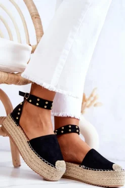 Damskie Boto Espadryle Sandały Z Dżetami Czarne Lillian