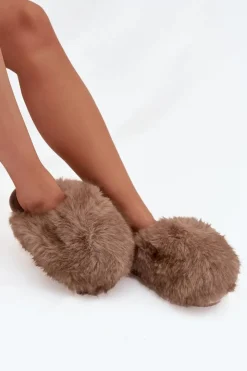 Outlet Boto Futrzane Kapcie Damskie Brązowe Iseline Brązowy