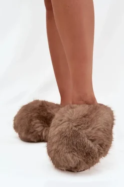 Outlet Boto Futrzane Kapcie Damskie Brązowe Iseline Brązowy