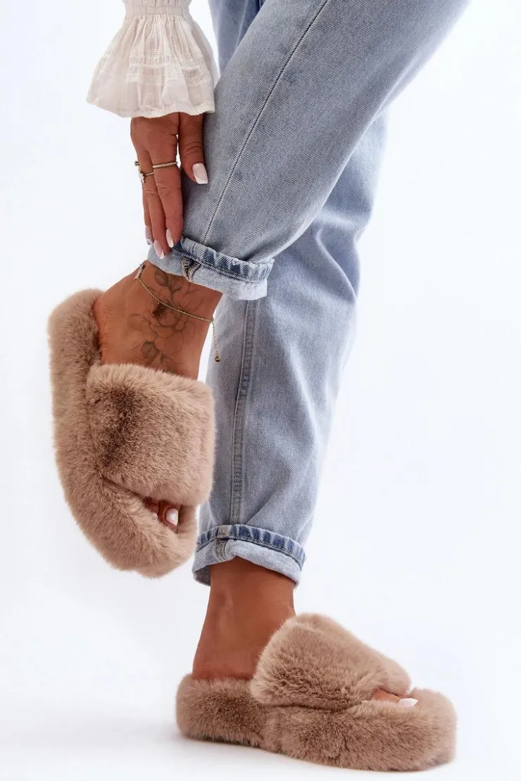 New Boto Futrzane Kapcie Damskie Beżowe Biella Beżowy